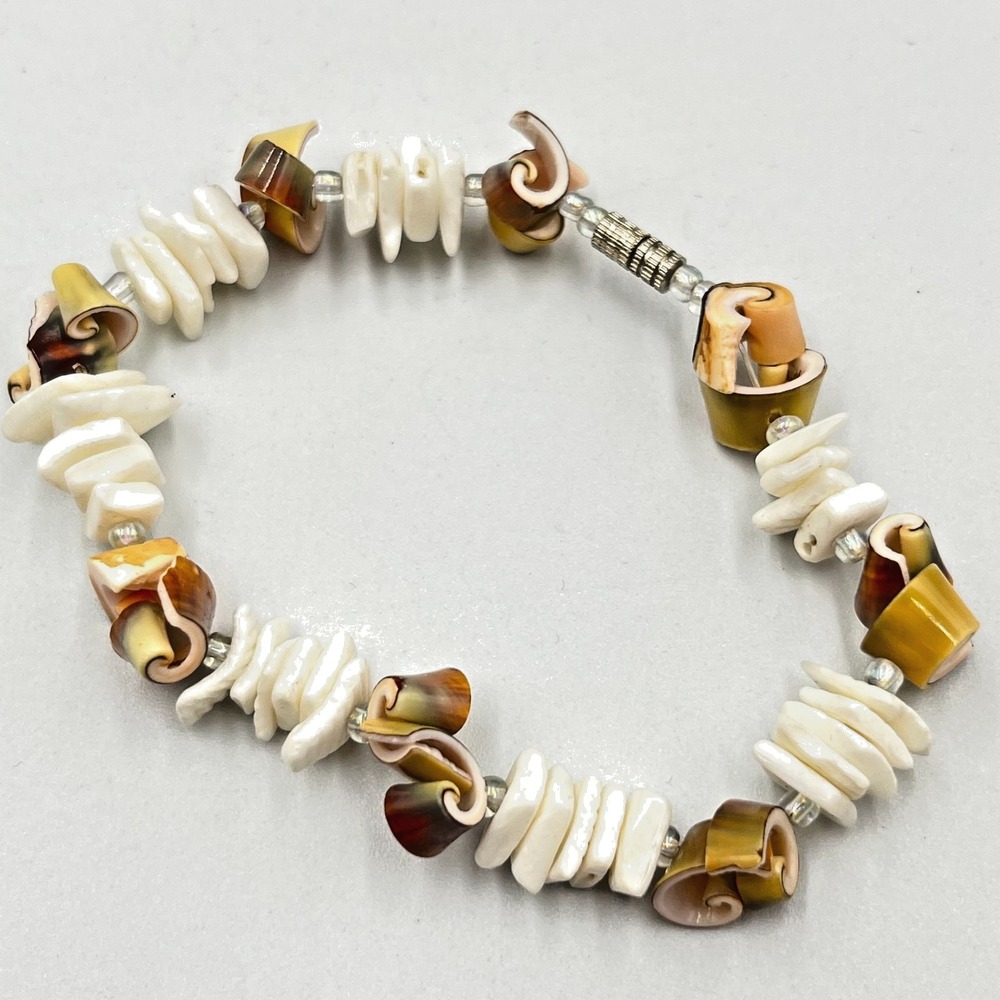 Vintage Retro Natural Shell‎ Chip & Spiral Cone Bead Bracelet Boho Beach Style